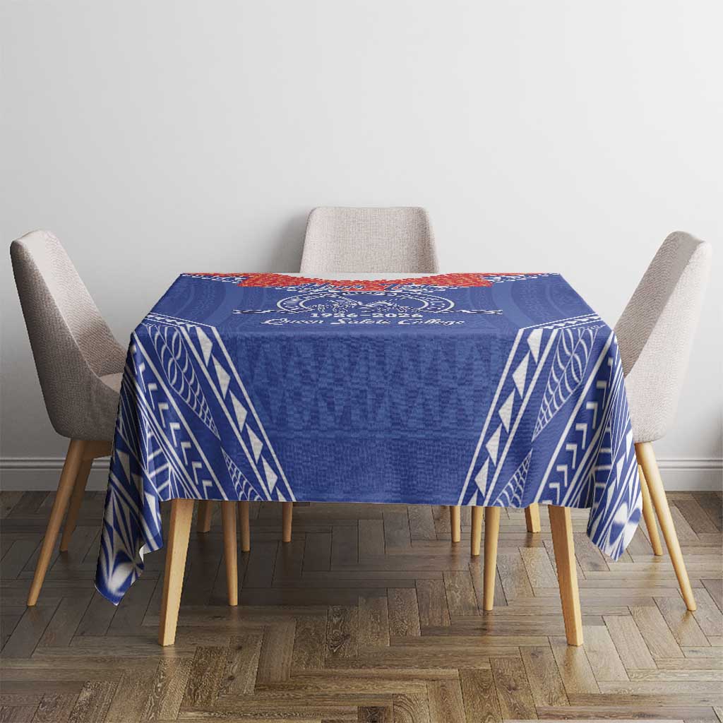 Queen Salote College 100 Years Personalized Tablecloth Tonga QSC Heilala Lei Blue Ngatu Pattern