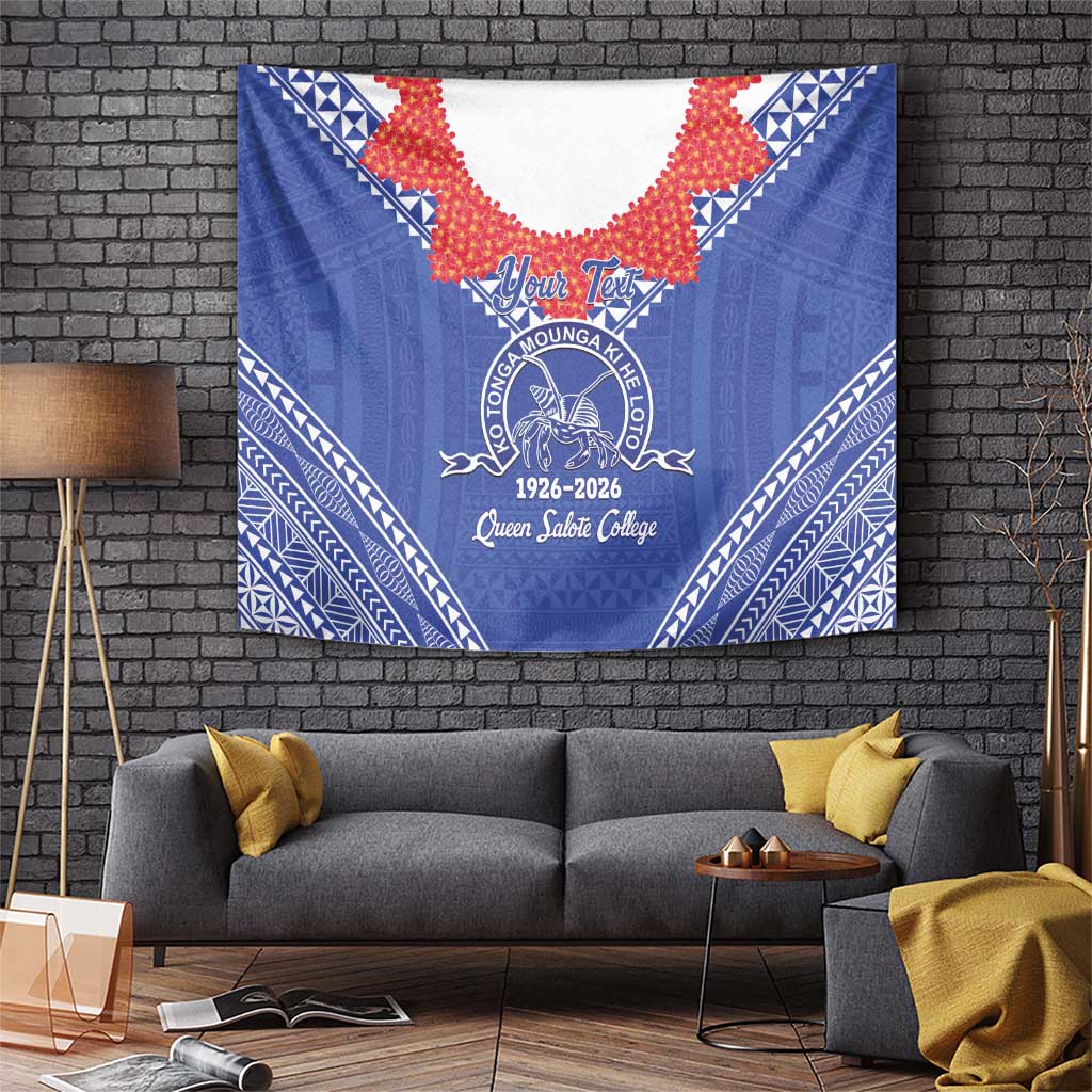 Queen Salote College 100 Years Personalized Tapestry Tonga QSC Heilala Lei Blue Ngatu Pattern