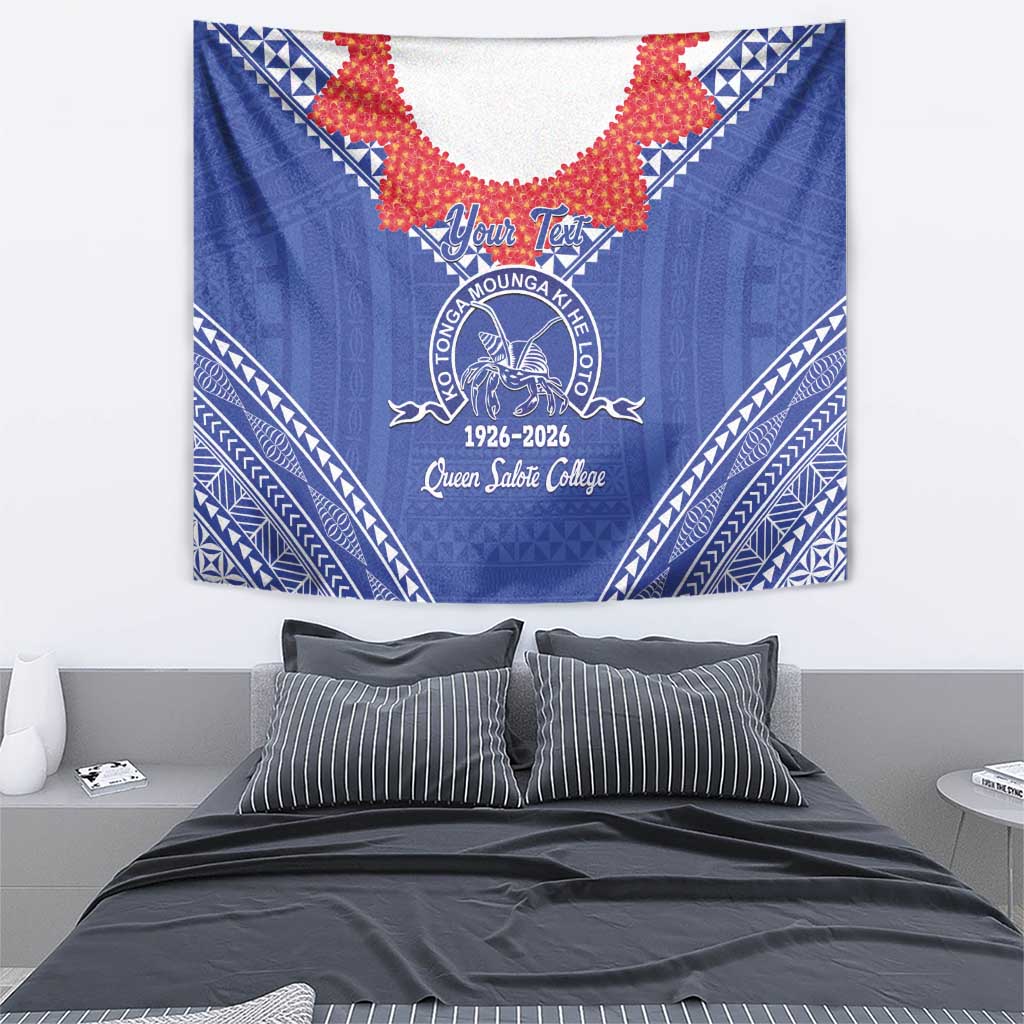 Queen Salote College 100 Years Personalized Tapestry Tonga QSC Heilala Lei Blue Ngatu Pattern
