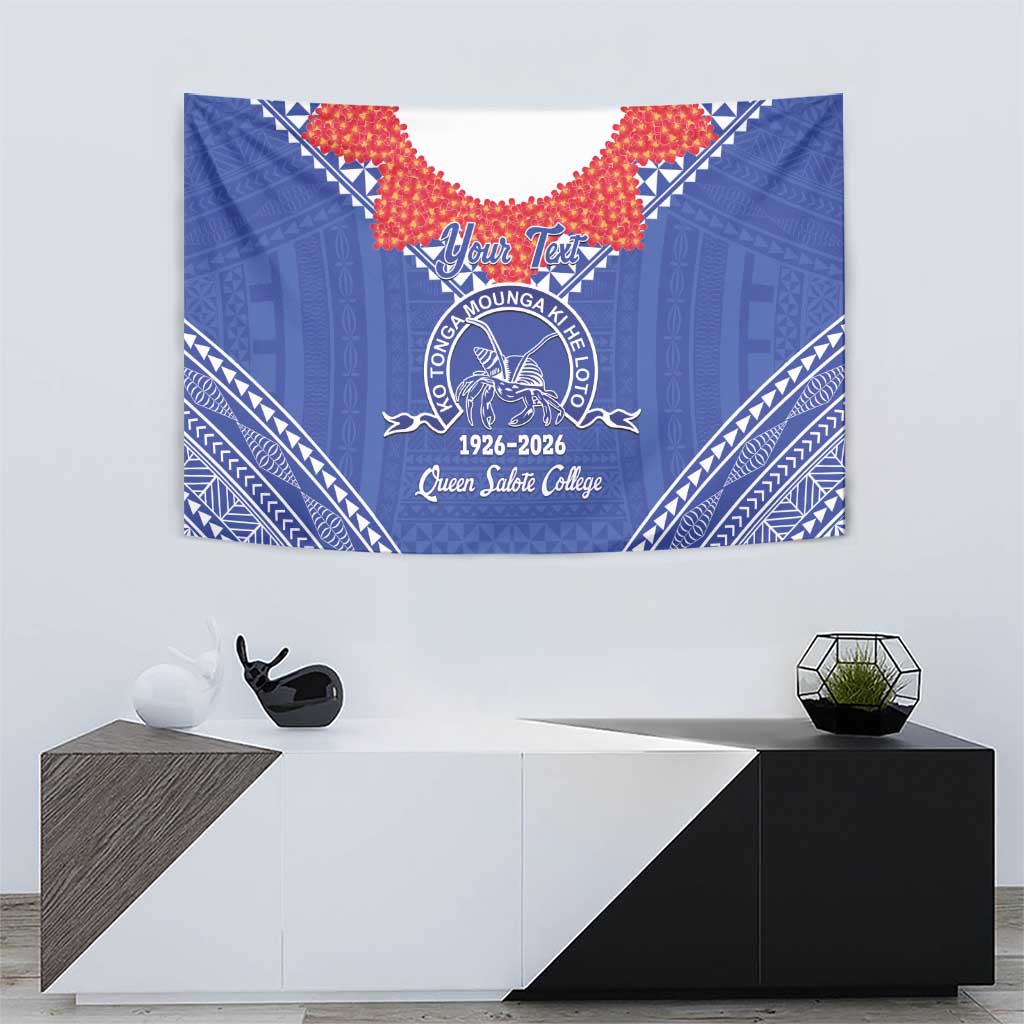 Queen Salote College 100 Years Personalized Tapestry Tonga QSC Heilala Lei Blue Ngatu Pattern