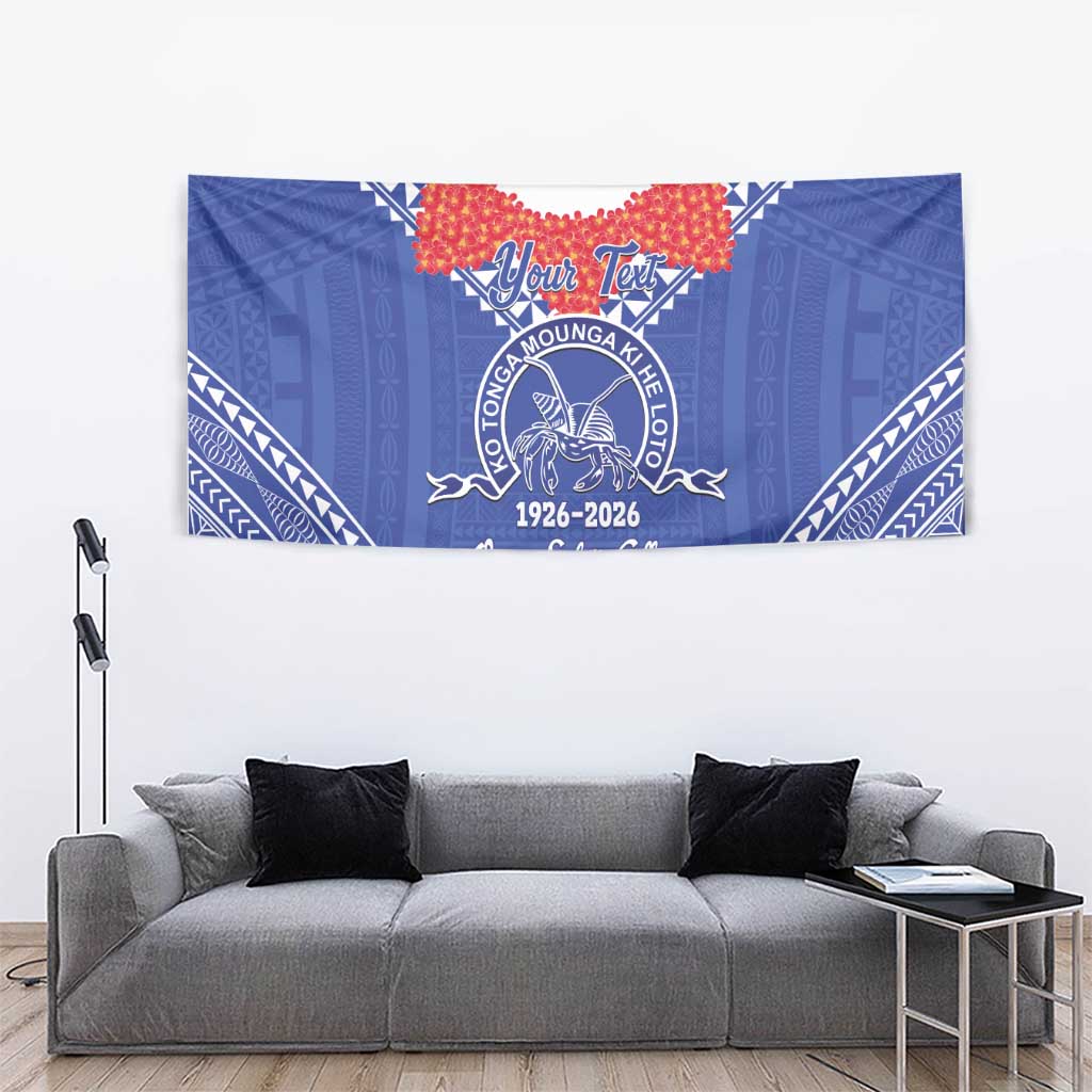 Queen Salote College 100 Years Personalized Tapestry Tonga QSC Heilala Lei Blue Ngatu Pattern