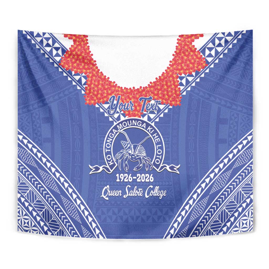 Queen Salote College 100 Years Personalized Tapestry Tonga QSC Heilala Lei Blue Ngatu Pattern