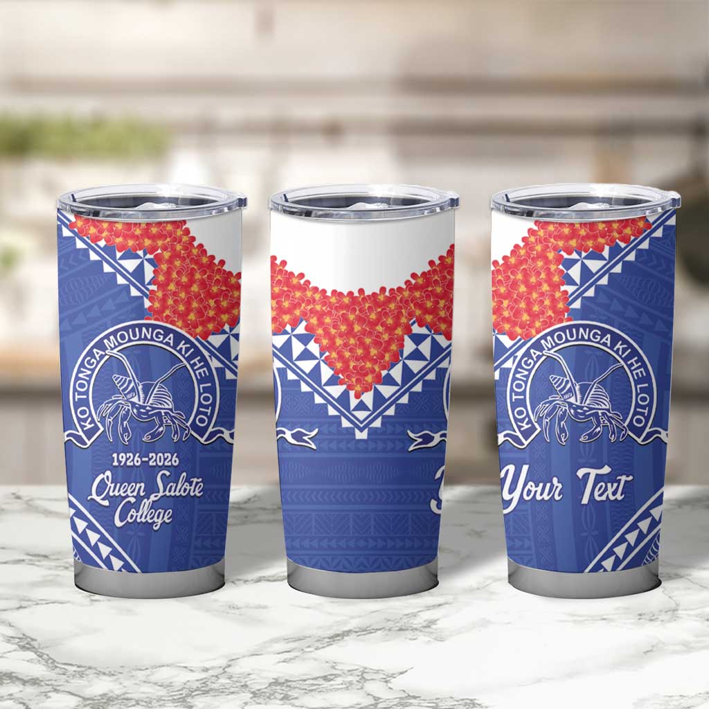 Queen Salote College 100 Years Personalized Tumbler Cup Tonga QSC Heilala Lei Blue Ngatu Pattern