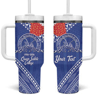Queen Salote College 100 Years Personalized Tumbler With Handle Tonga QSC Heilala Lei Blue Ngatu Pattern