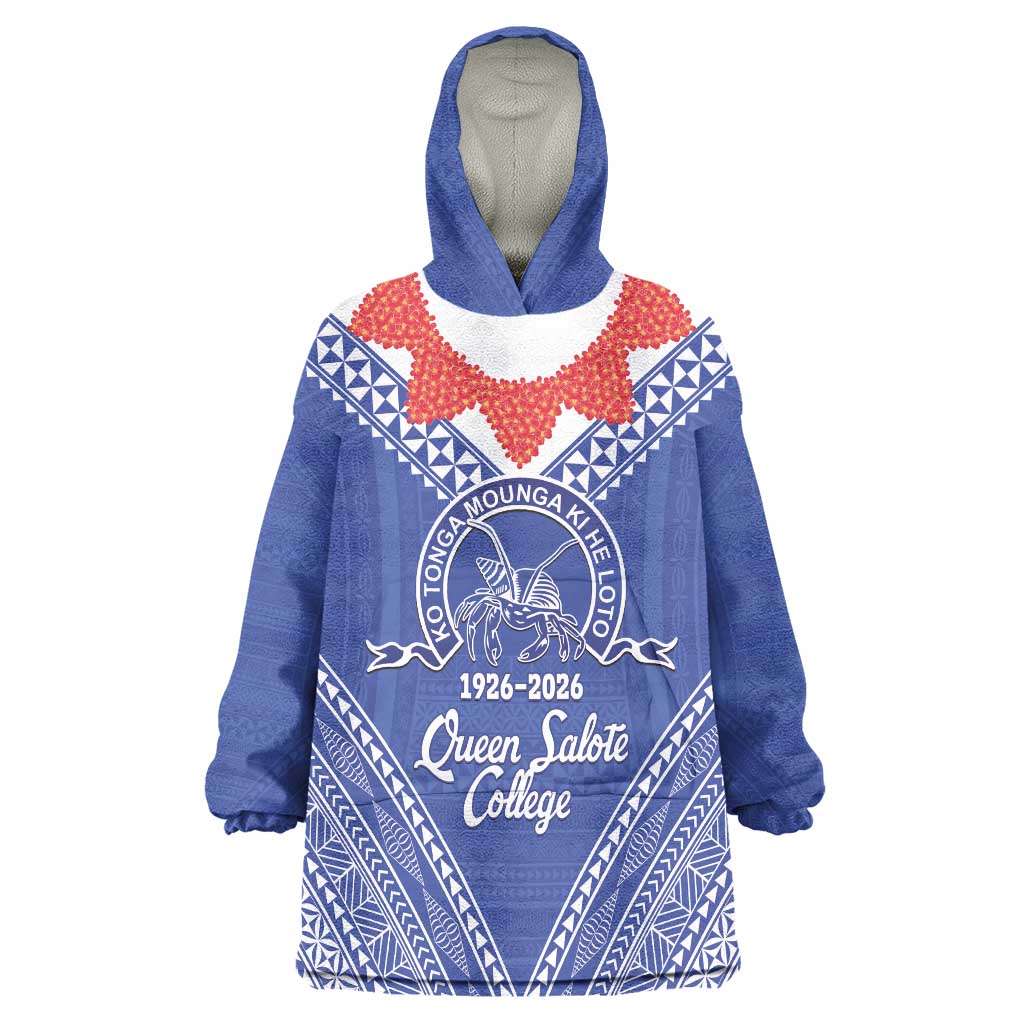 Queen Salote College 100 Years Personalized Wearable Blanket Hoodie Tonga QSC Heilala Lei Blue Ngatu Pattern