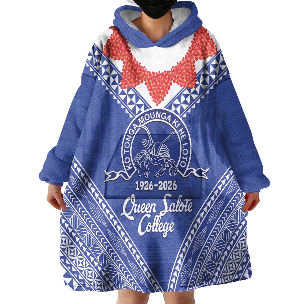 Queen Salote College 100 Years Personalized Wearable Blanket Hoodie Tonga QSC Heilala Lei Blue Ngatu Pattern