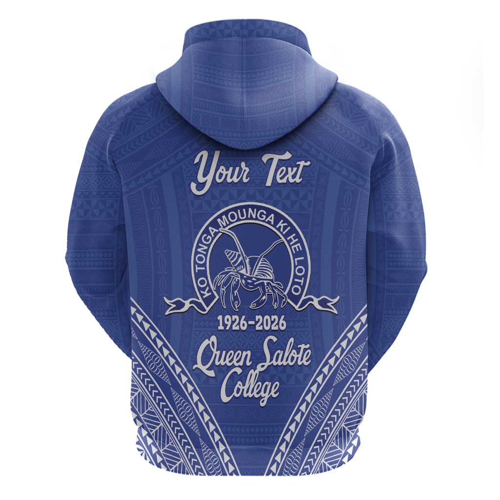 Queen Salote College 100 Years Personalized Zip Hoodie Tonga QSC Heilala Lei Blue Ngatu Pattern