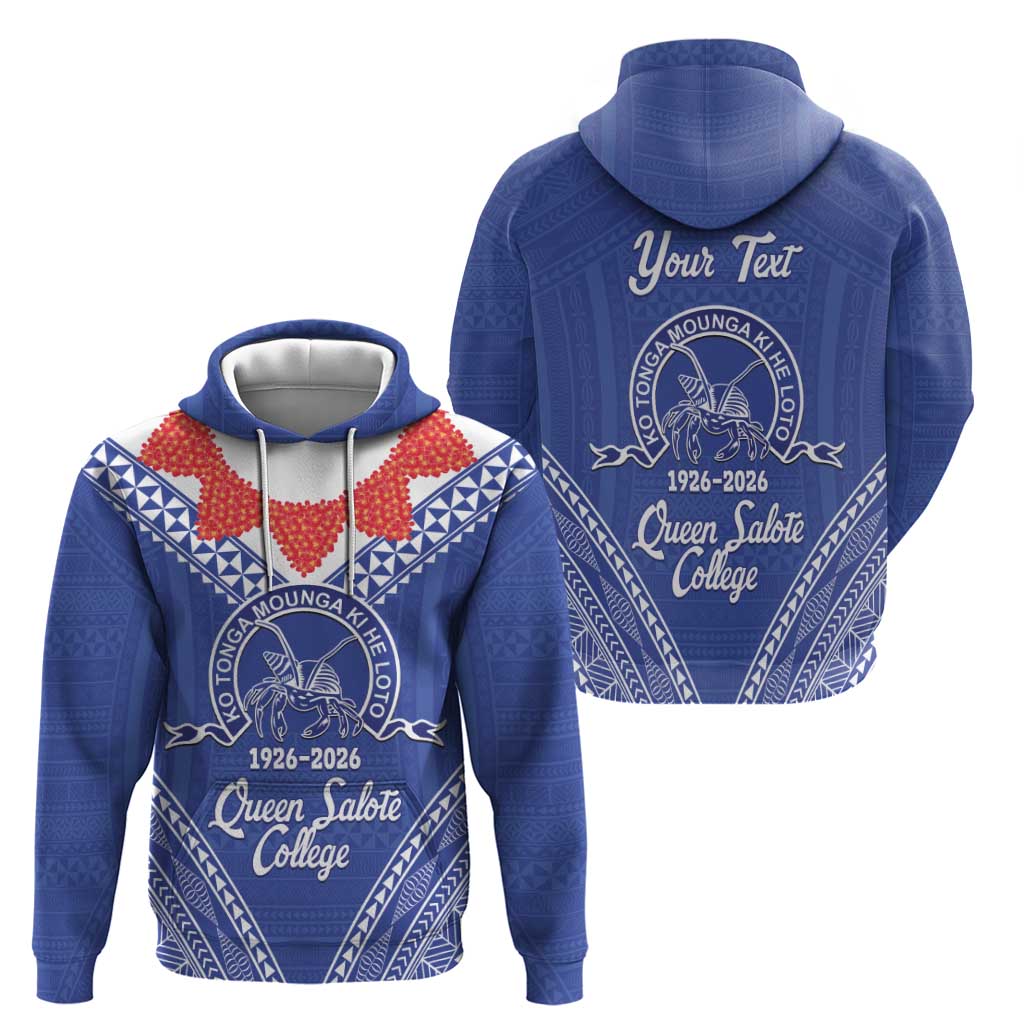 Queen Salote College 100 Years Personalized Zip Hoodie Tonga QSC Heilala Lei Blue Ngatu Pattern