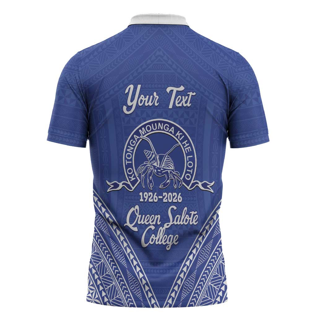 Queen Salote College 100 Years Personalized Zipper Polo Shirt Tonga QSC Heilala Lei Blue Ngatu Pattern