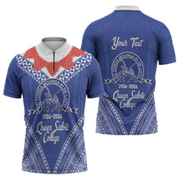 Queen Salote College 100 Years Personalized Zipper Polo Shirt Tonga QSC Heilala Lei Blue Ngatu Pattern