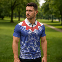 Queen Salote College 100 Years Personalized Zipper Polo Shirt Tonga QSC Heilala Lei Blue Ngatu Pattern