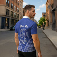 Queen Salote College 100 Years Personalized Zipper Polo Shirt Tonga QSC Heilala Lei Blue Ngatu Pattern