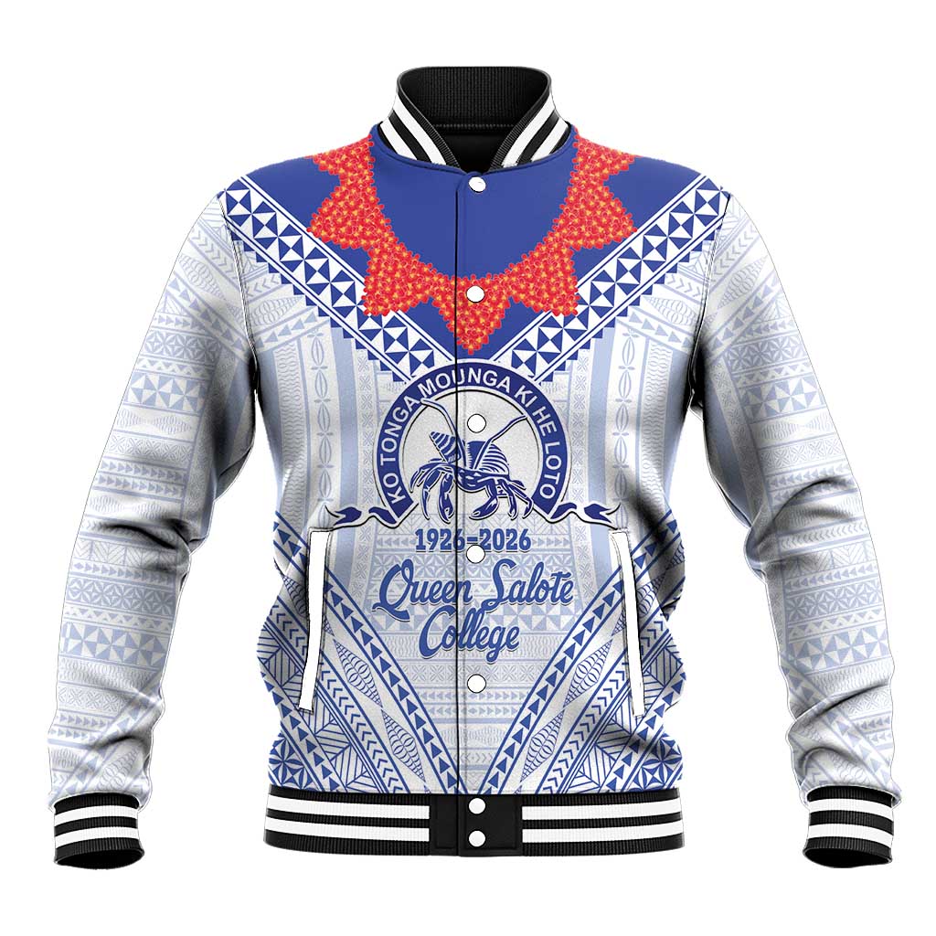 Queen Salote College 100 Years Personalized Baseball Jacket Tonga QSC Heilala Lei White Ngatu Pattern