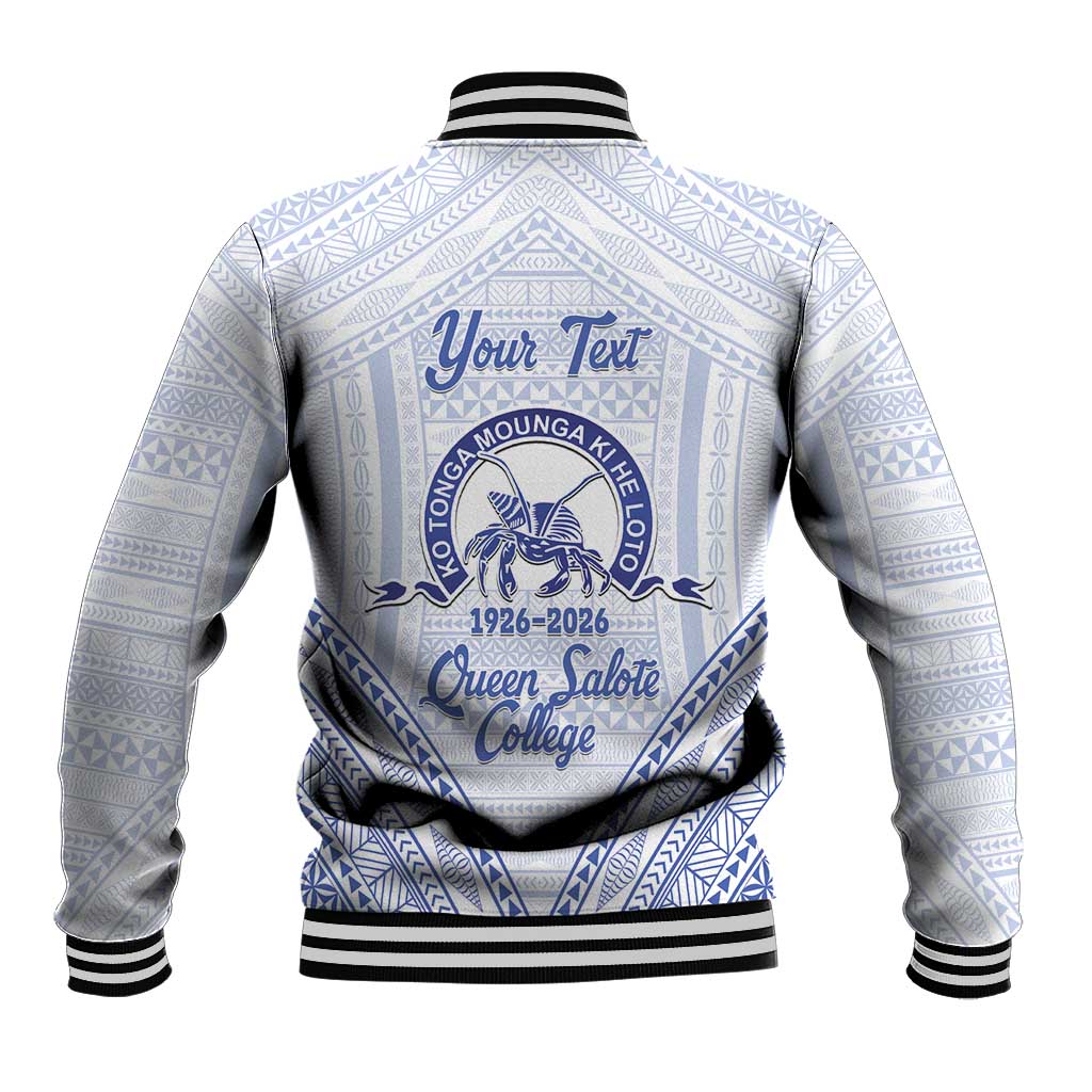 Queen Salote College 100 Years Personalized Baseball Jacket Tonga QSC Heilala Lei White Ngatu Pattern