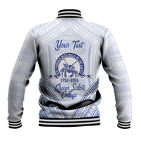 Queen Salote College 100 Years Personalized Baseball Jacket Tonga QSC Heilala Lei White Ngatu Pattern