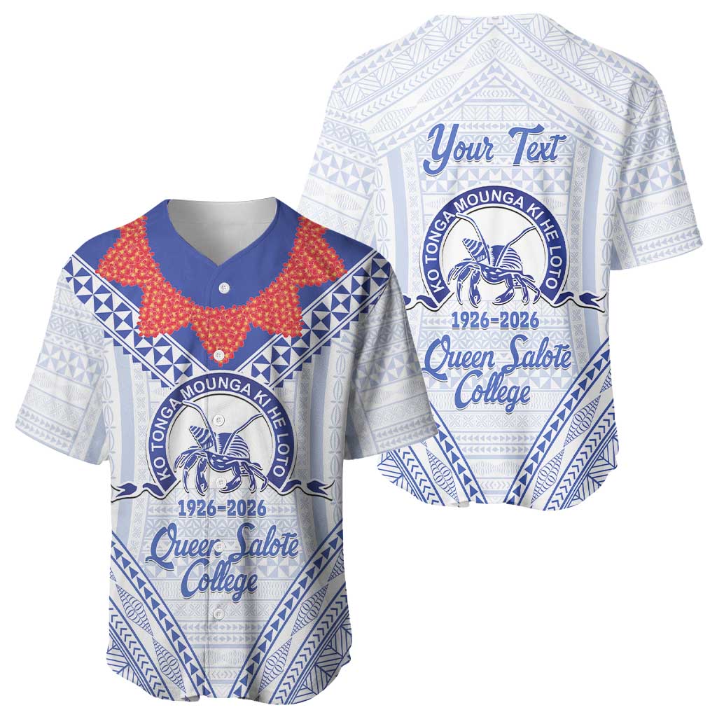 Queen Salote College 100 Years Personalized Baseball Jersey Tonga QSC Heilala Lei White Ngatu Pattern