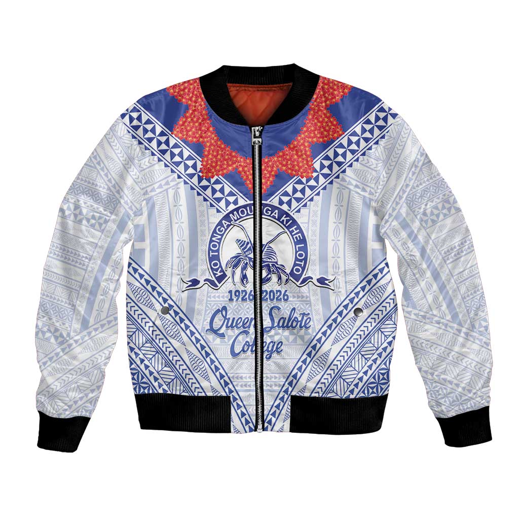Queen Salote College 100 Years Personalized Bomber Jacket Tonga QSC Heilala Lei White Ngatu Pattern