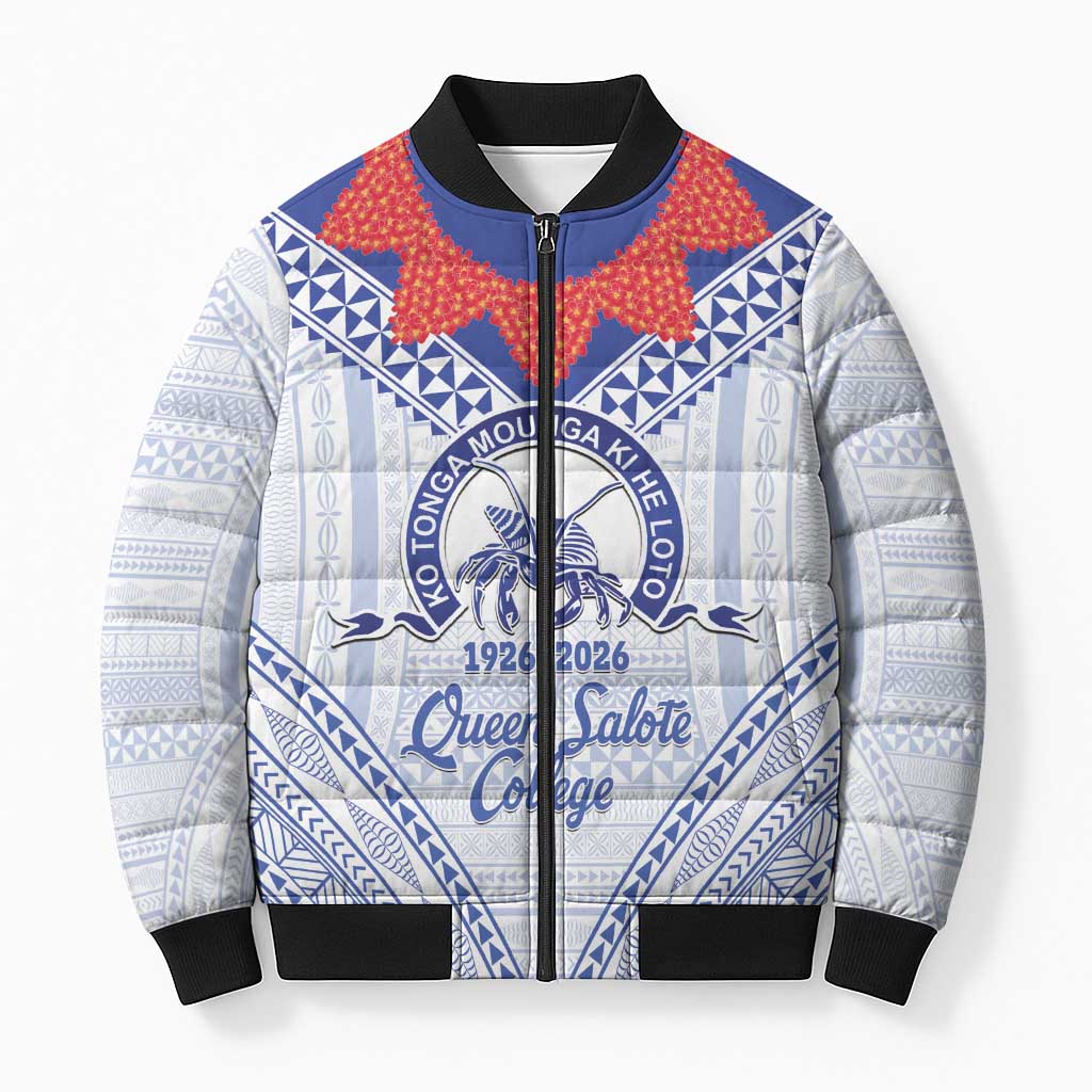 Queen Salote College 100 Years Personalized Bomber Puffer Jacket Tonga QSC Heilala Lei White Ngatu Pattern