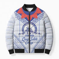 Queen Salote College 100 Years Personalized Bomber Puffer Jacket Tonga QSC Heilala Lei White Ngatu Pattern