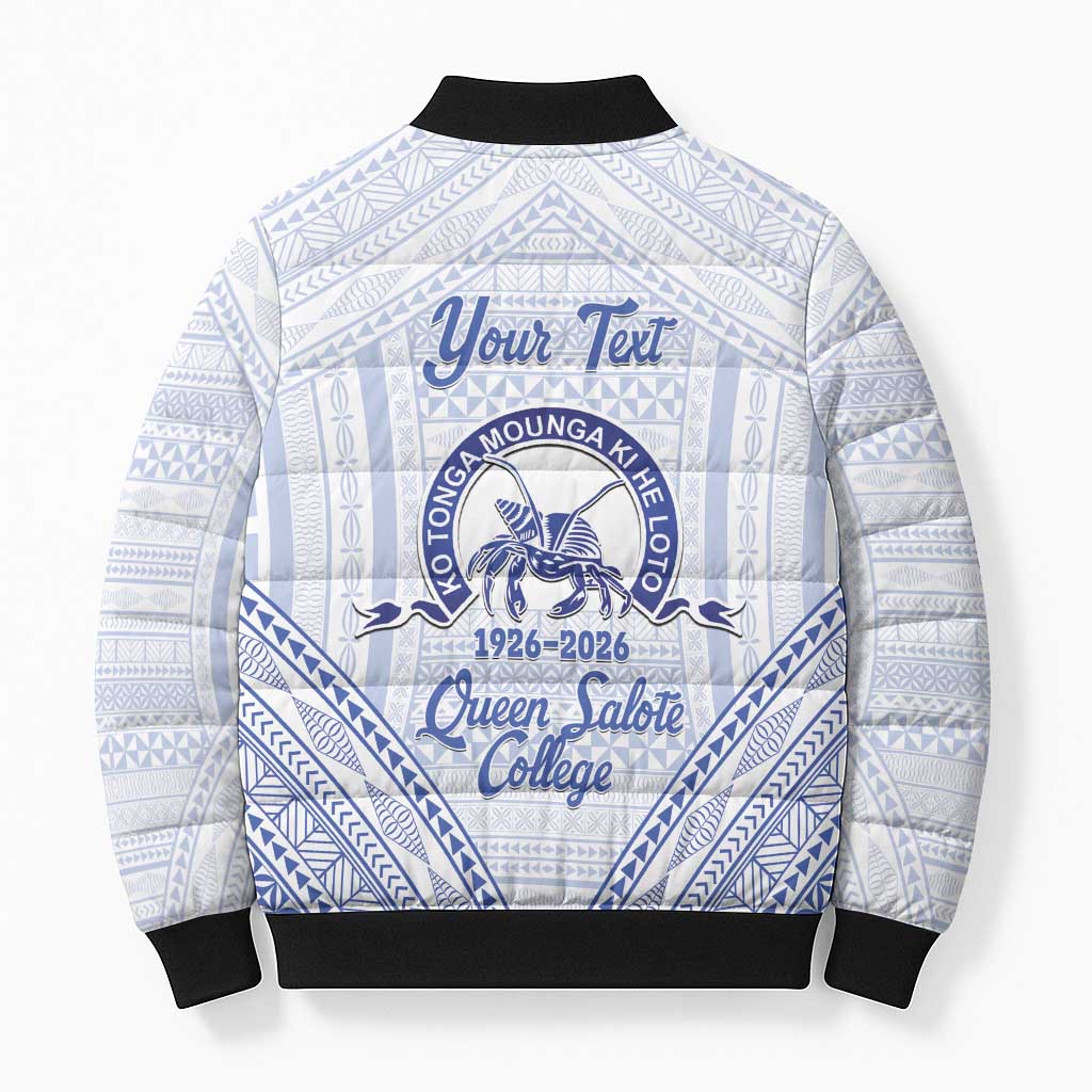Queen Salote College 100 Years Personalized Bomber Puffer Jacket Tonga QSC Heilala Lei White Ngatu Pattern
