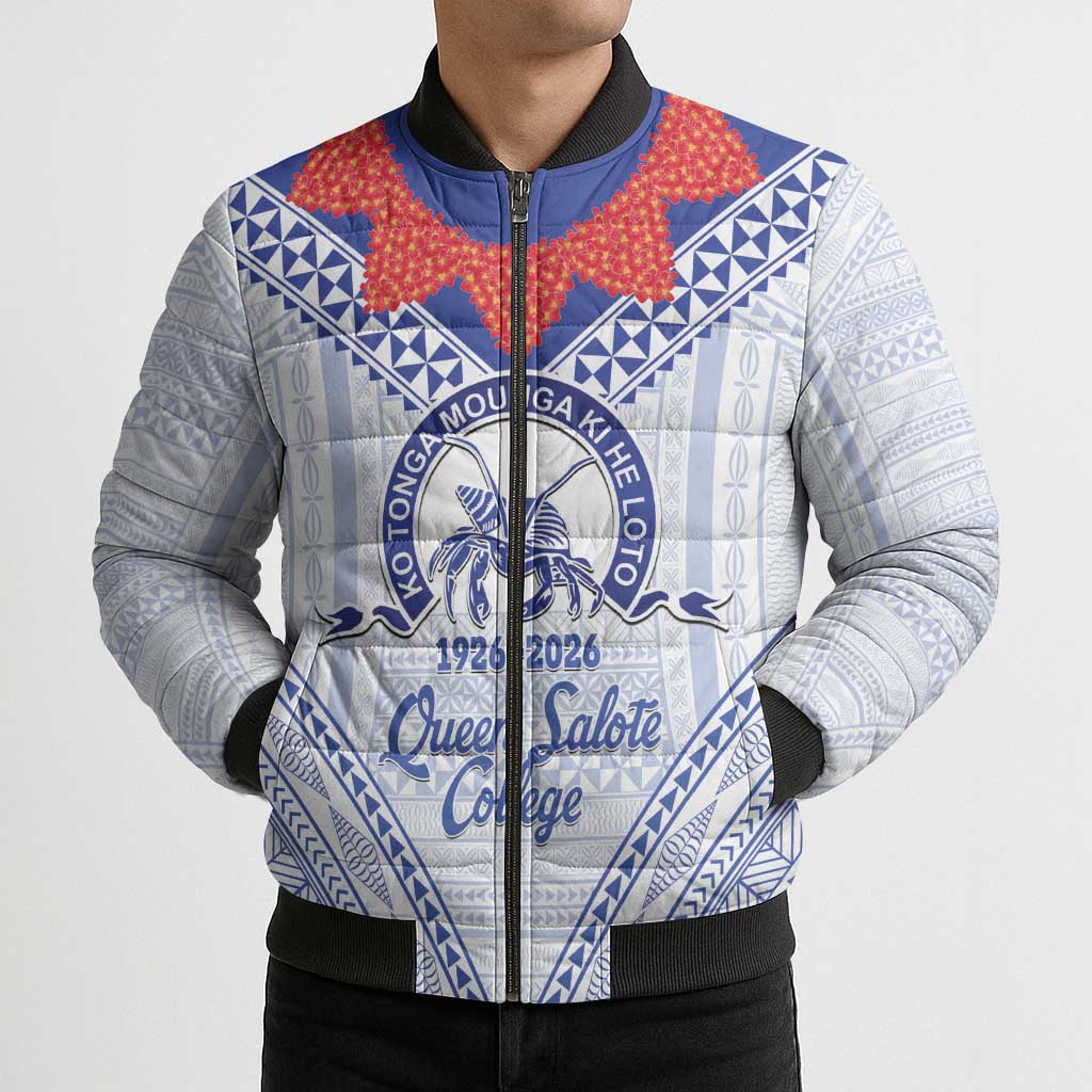 Queen Salote College 100 Years Personalized Bomber Puffer Jacket Tonga QSC Heilala Lei White Ngatu Pattern