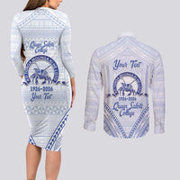 Queen Salote College 100 Years Personalized Couples Matching Long Sleeve Bodycon Dress and Long Sleeve Button Shirt Tonga QSC Heilala Lei White Ngatu Pattern LT14 - Polynesian Pride