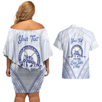 Queen Salote College 100 Years Personalized Couples Matching Off Shoulder Short Dress and Hawaiian Shirt Tonga QSC Heilala Lei White Ngatu Pattern LT14 - Polynesian Pride