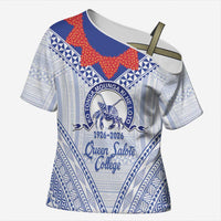Queen Salote College 100 Years Personalized Cross Shoulder Shirt Tonga QSC Heilala Lei White Ngatu Pattern