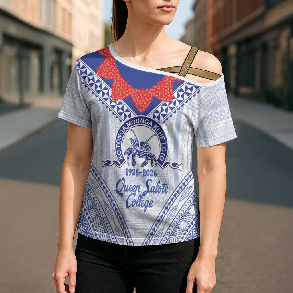 Queen Salote College 100 Years Personalized Cross Shoulder Shirt Tonga QSC Heilala Lei White Ngatu Pattern