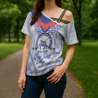 Queen Salote College 100 Years Personalized Cross Shoulder Shirt Tonga QSC Heilala Lei White Ngatu Pattern