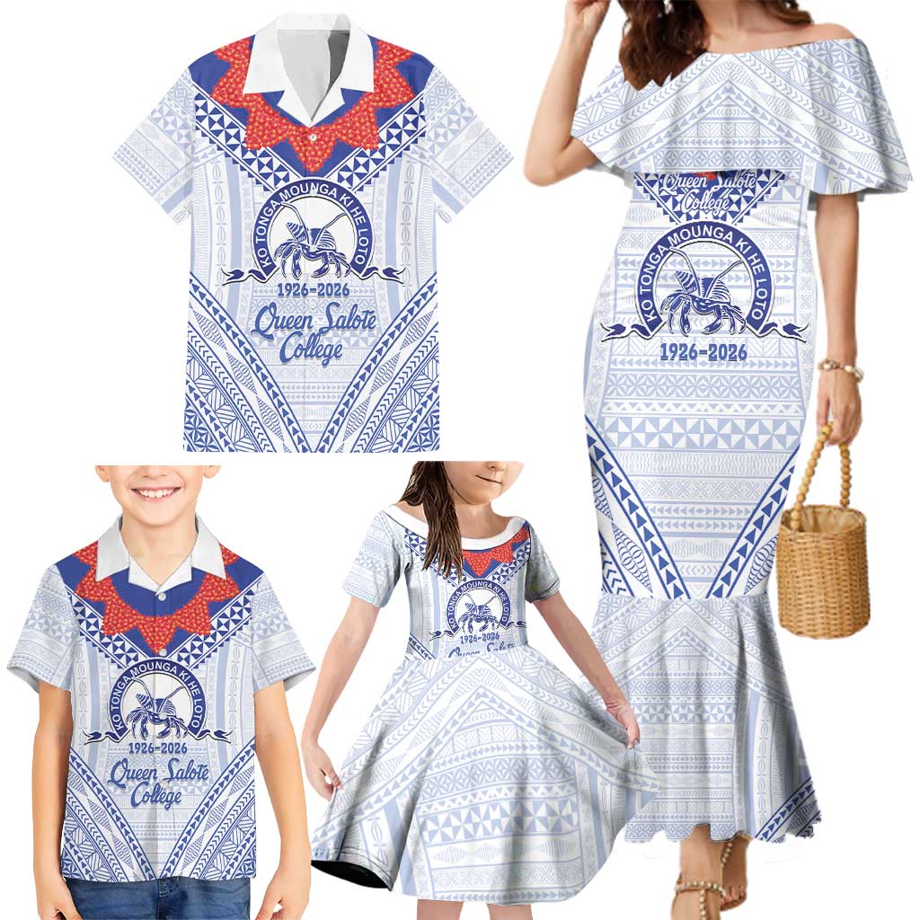 Queen Salote College 100 Years Personalized Family Matching Mermaid Dress and Hawaiian Shirt Tonga QSC Heilala Lei White Ngatu Pattern