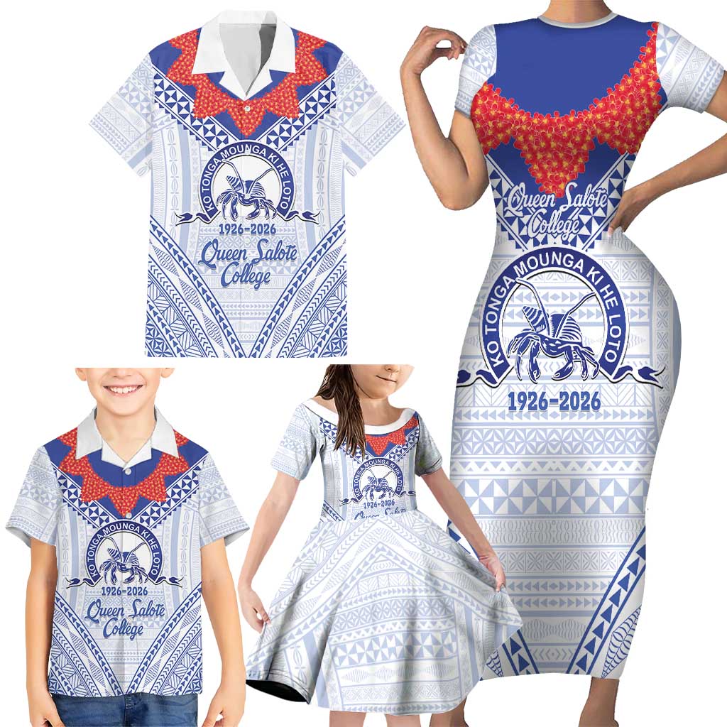 Queen Salote College 100 Years Personalized Family Matching Short Sleeve Bodycon Dress and Hawaiian Shirt Tonga QSC Heilala Lei White Ngatu Pattern