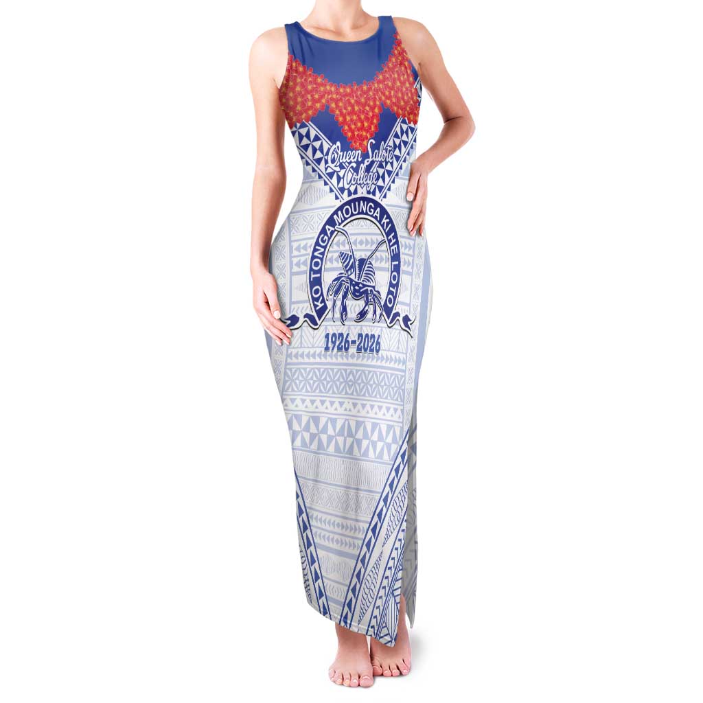 Queen Salote College 100 Years Personalized Family Matching Tank Maxi Dress and Hawaiian Shirt Tonga QSC Heilala Lei White Ngatu Pattern