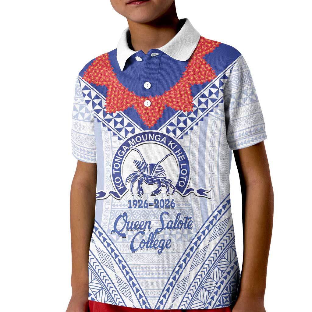 Queen Salote College 100 Years Personalized Kid Polo Shirt Tonga QSC Heilala Lei White Ngatu Pattern