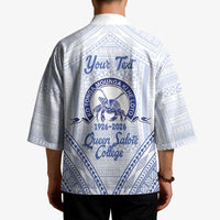 Queen Salote College 100 Years Personalized Kimono Tonga QSC Heilala Lei White Ngatu Pattern