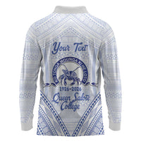 Queen Salote College 100 Years Personalized Long Sleeve Polo Shirt Tonga QSC Heilala Lei White Ngatu Pattern