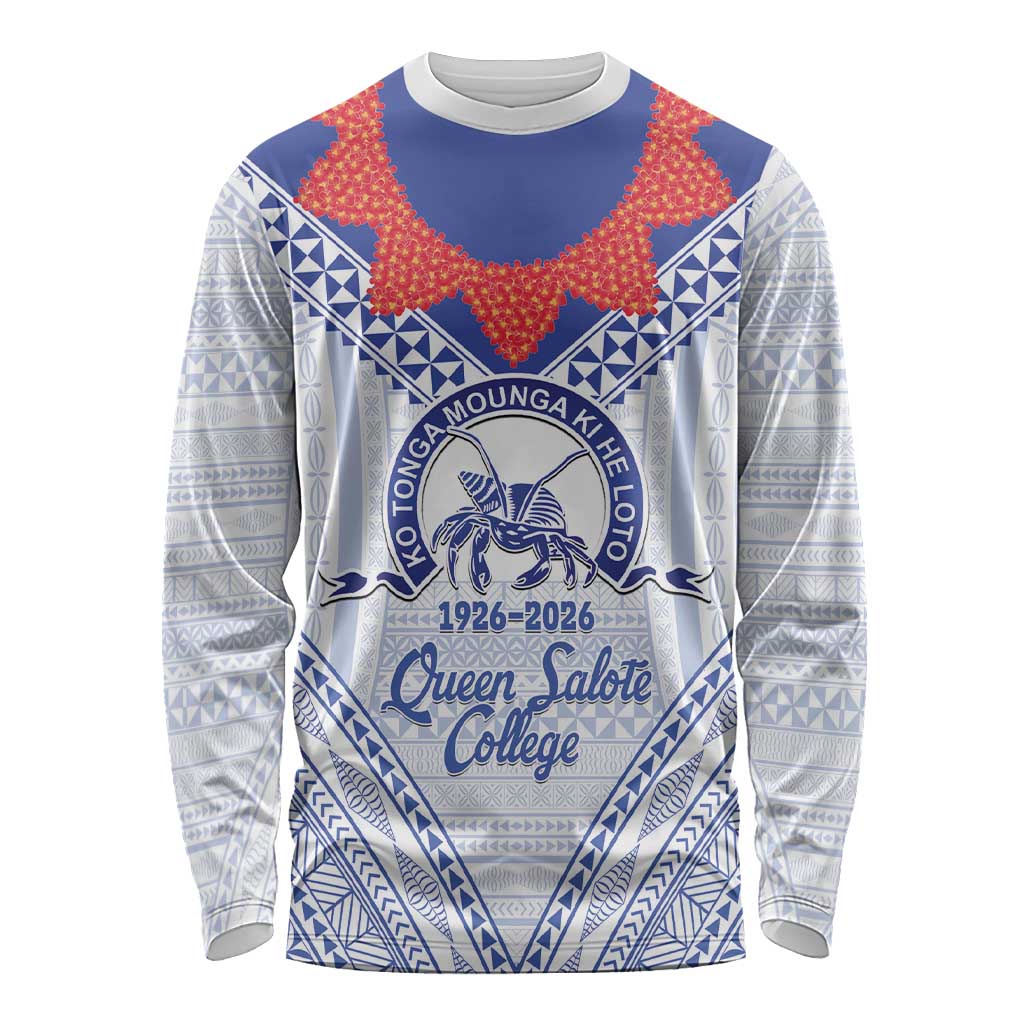 Queen Salote College 100 Years Personalized Long Sleeve Shirt Tonga QSC Heilala Lei White Ngatu Pattern