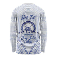Queen Salote College 100 Years Personalized Long Sleeve Shirt Tonga QSC Heilala Lei White Ngatu Pattern