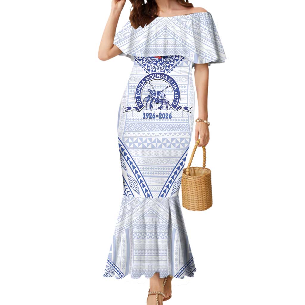 Queen Salote College 100 Years Personalized Mermaid Dress Tonga QSC Heilala Lei White Ngatu Pattern
