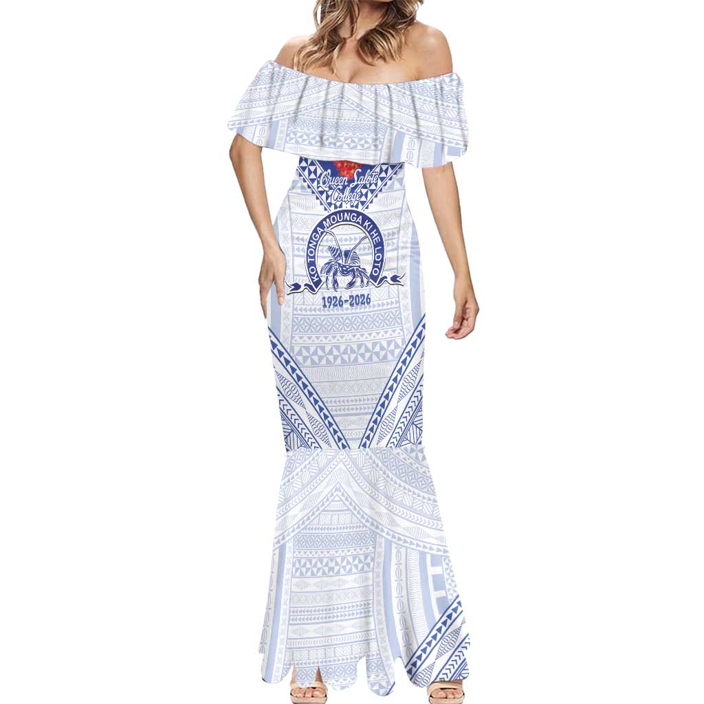 Queen Salote College 100 Years Personalized Mermaid Dress Tonga QSC Heilala Lei White Ngatu Pattern LT14 - Polynesian Pride