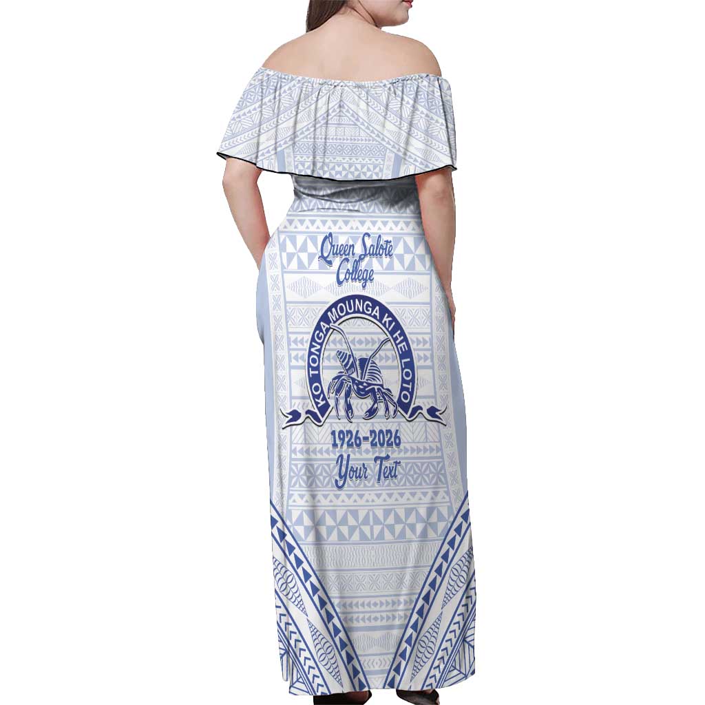 Queen Salote College 100 Years Personalized Off Shoulder Maxi Dress Tonga QSC Heilala Lei White Ngatu Pattern