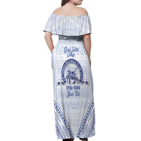 Queen Salote College 100 Years Personalized Off Shoulder Maxi Dress Tonga QSC Heilala Lei White Ngatu Pattern