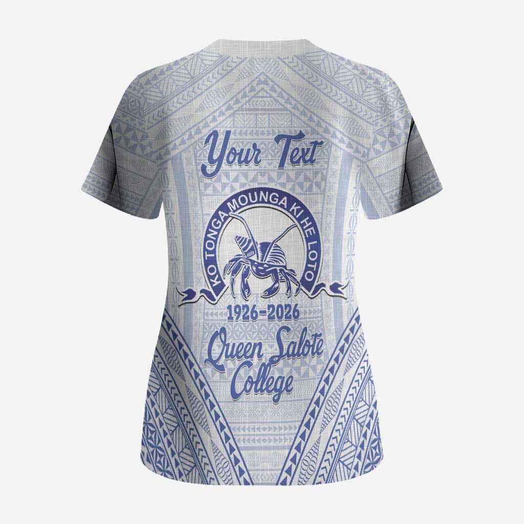 Queen Salote College 100 Years Personalized Scrub Top Tonga QSC Heilala Lei White Ngatu Pattern