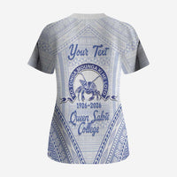 Queen Salote College 100 Years Personalized Scrub Top Tonga QSC Heilala Lei White Ngatu Pattern