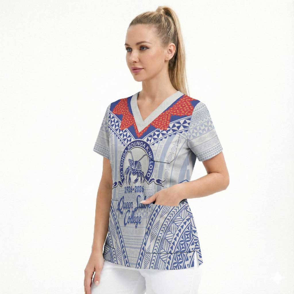 Queen Salote College 100 Years Personalized Scrub Top Tonga QSC Heilala Lei White Ngatu Pattern