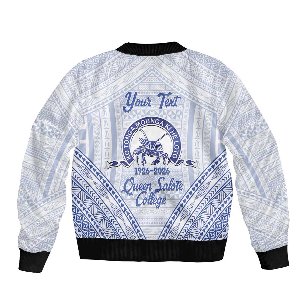 Queen Salote College 100 Years Personalized Sleeve Zip Bomber Jacket Tonga QSC Heilala Lei White Ngatu Pattern