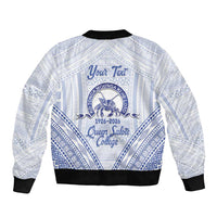 Queen Salote College 100 Years Personalized Sleeve Zip Bomber Jacket Tonga QSC Heilala Lei White Ngatu Pattern