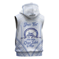 Queen Salote College 100 Years Personalized Sleeveless Hoodie Tonga QSC Heilala Lei White Ngatu Pattern