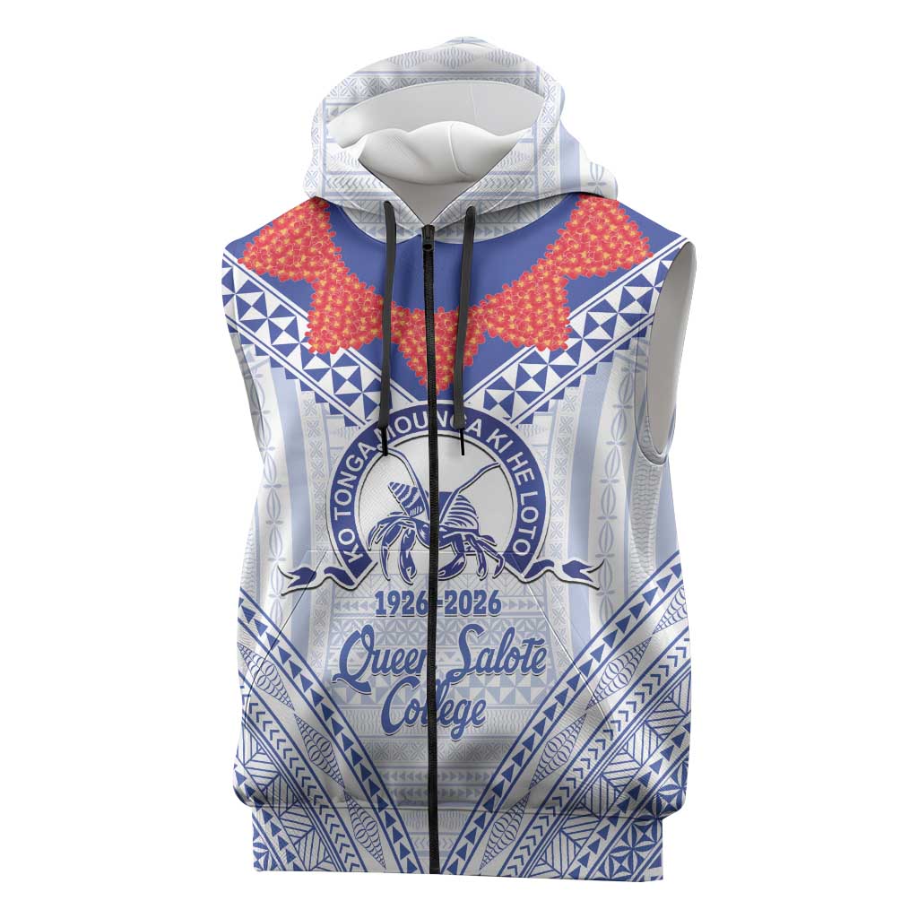 Queen Salote College 100 Years Personalized Sleeveless Zip Hoodie Tonga QSC Heilala Lei White Ngatu Pattern LT14 White - Polynesian Pride