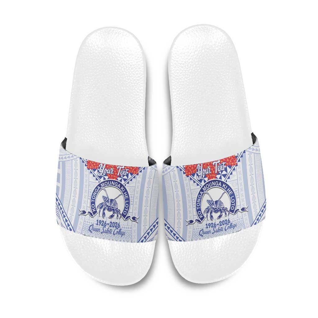 Queen Salote College 100 Years Personalized Slide Sandals Tonga QSC Heilala Lei White Ngatu Pattern
